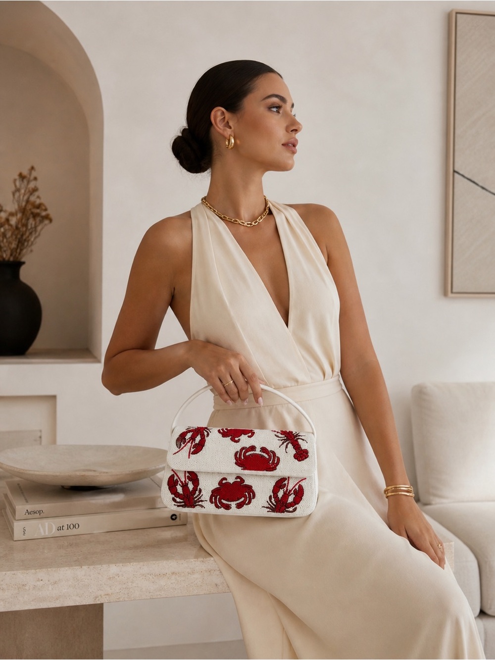 Beaded Crab Handbag Bamboo Handle | Coastal Luxury Statement Bag | Elegant Summe